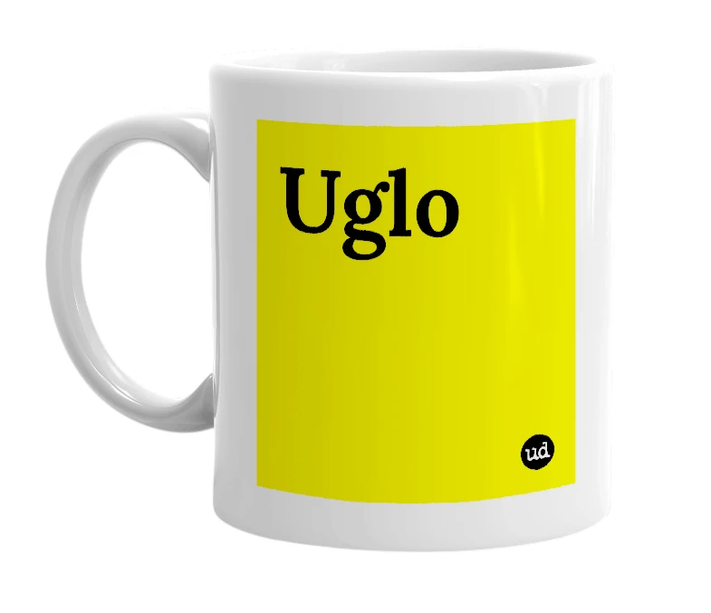 White mug with 'Uglo' in bold black letters