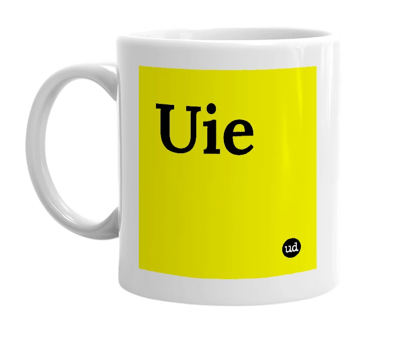 White mug with 'Uie' in bold black letters