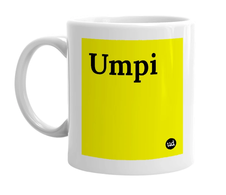 White mug with 'Umpi' in bold black letters