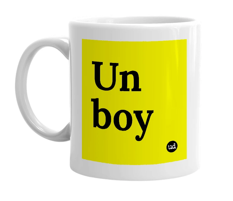 White mug with 'Un boy' in bold black letters