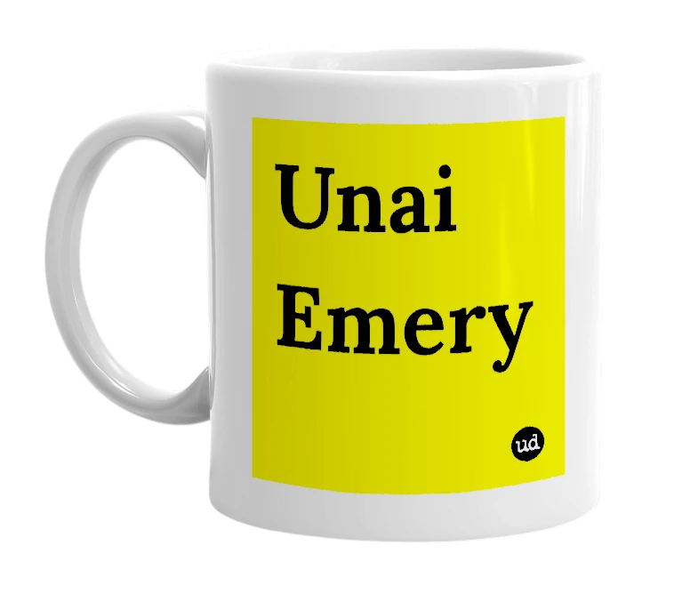 White mug with 'Unai Emery' in bold black letters
