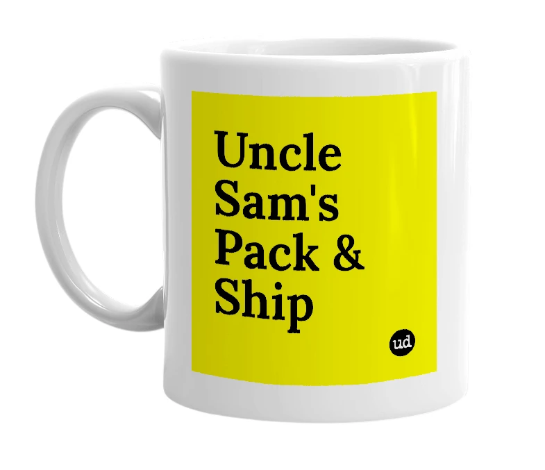 White mug with 'Uncle Sam's Pack & Ship' in bold black letters