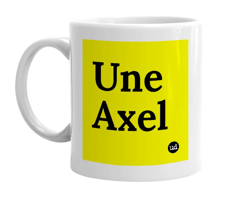 White mug with 'Une Axel' in bold black letters