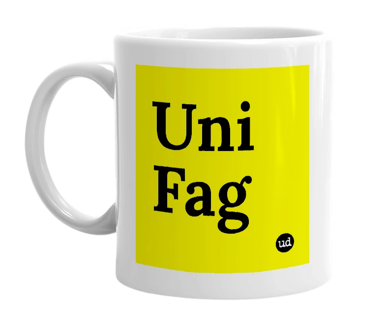 White mug with 'Uni Fag' in bold black letters
