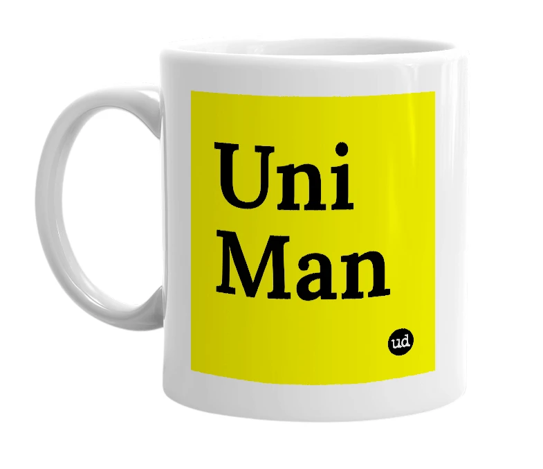 White mug with 'Uni Man' in bold black letters