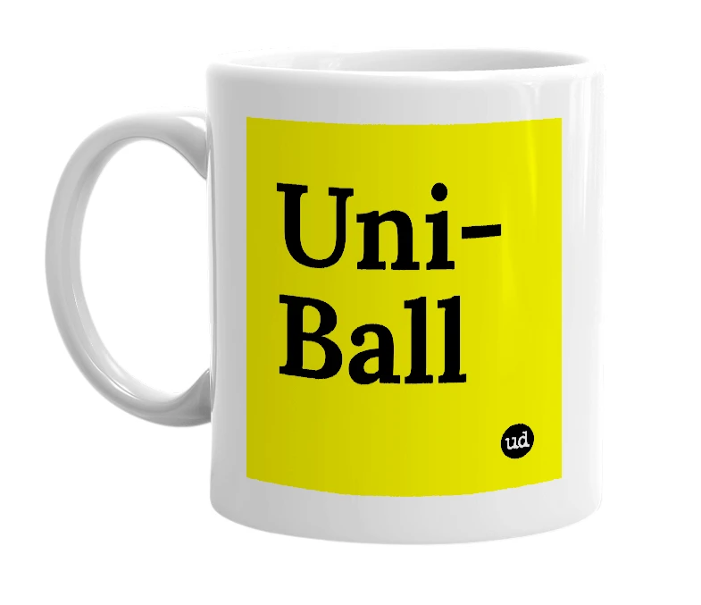 White mug with 'Uni-Ball' in bold black letters