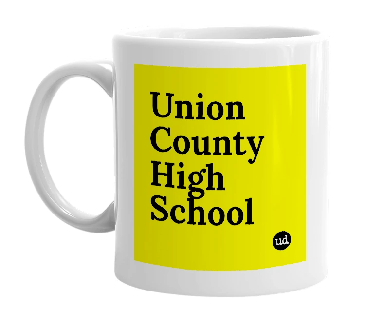 White mug with 'Union County High School' in bold black letters