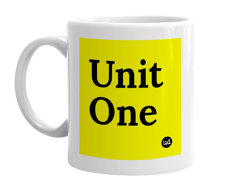 White mug with 'Unit One' in bold black letters