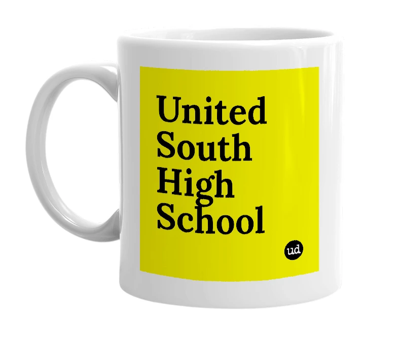 White mug with 'United South High School' in bold black letters