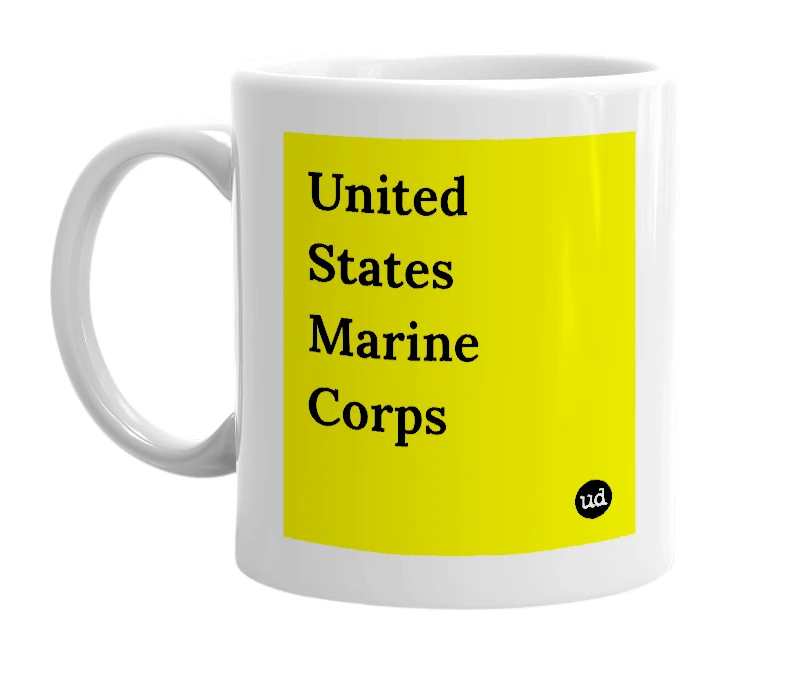 White mug with 'United States Marine Corps' in bold black letters