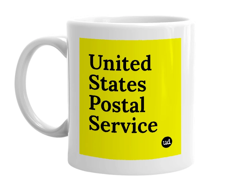 White mug with 'United States Postal Service' in bold black letters