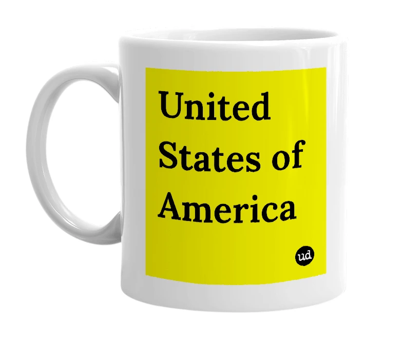 White mug with 'United States of America' in bold black letters