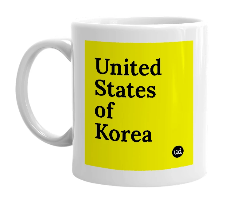 White mug with 'United States of Korea' in bold black letters