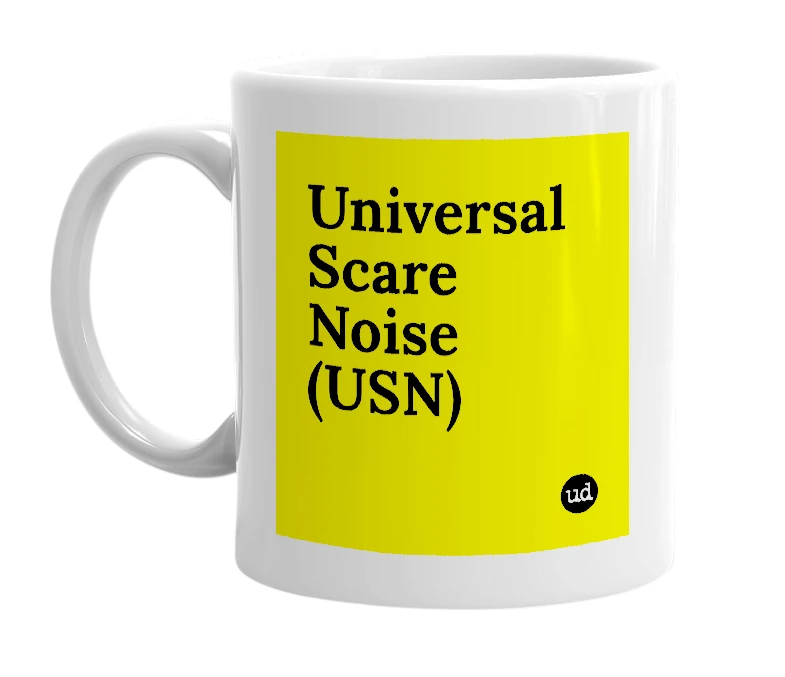 White mug with 'Universal Scare Noise (USN)' in bold black letters