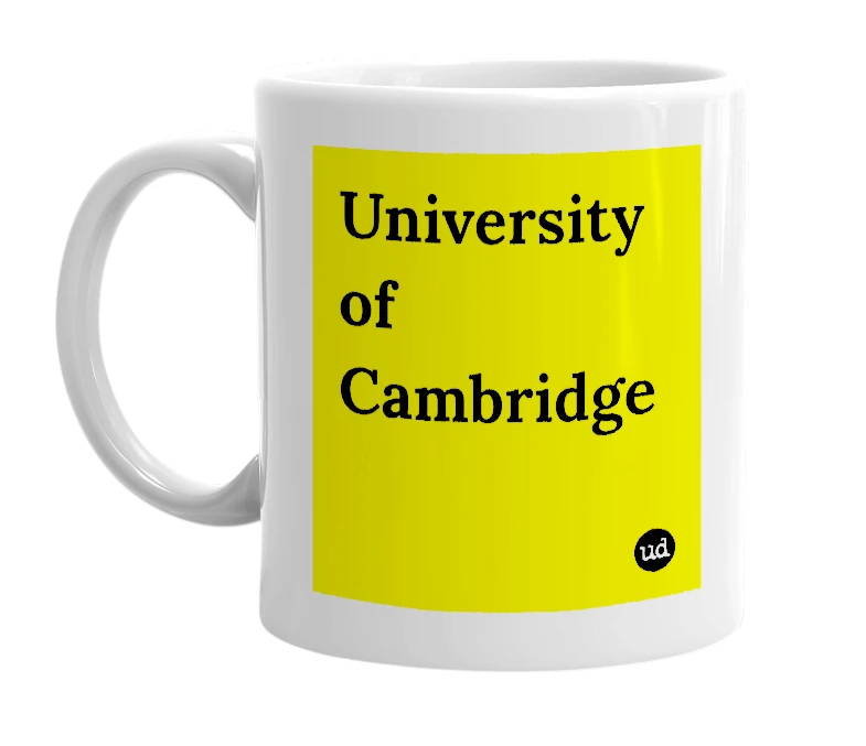 White mug with 'University of Cambridge' in bold black letters