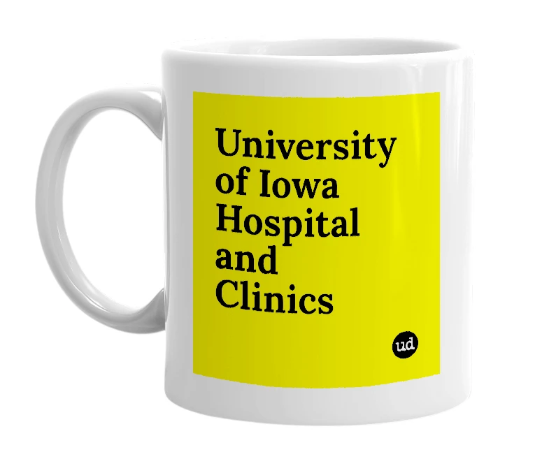 White mug with 'University of Iowa Hospital and Clinics' in bold black letters