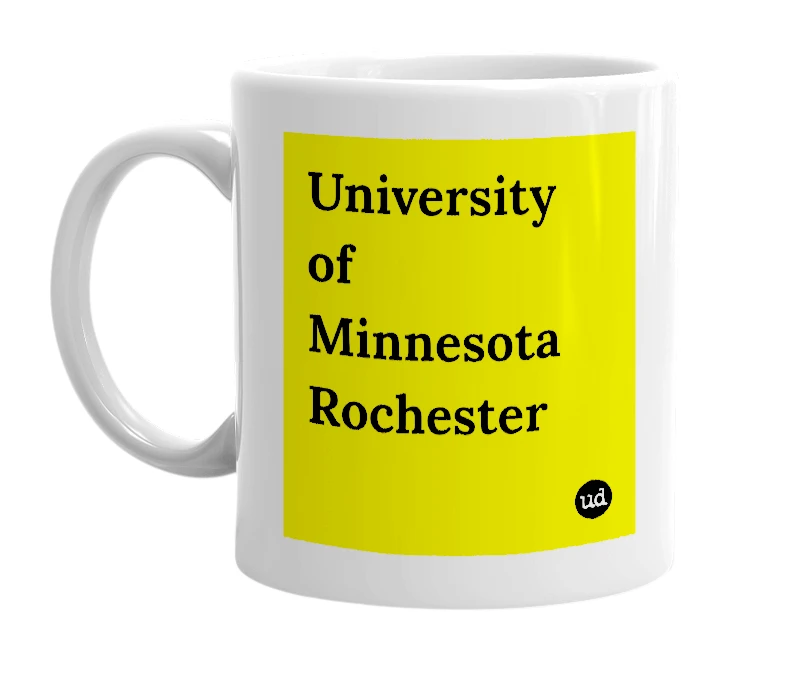 White mug with 'University of Minnesota Rochester' in bold black letters