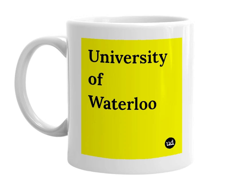 White mug with 'University of Waterloo' in bold black letters