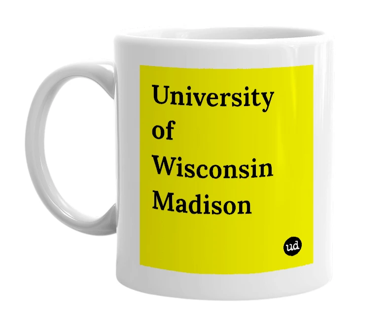 White mug with 'University of Wisconsin Madison' in bold black letters