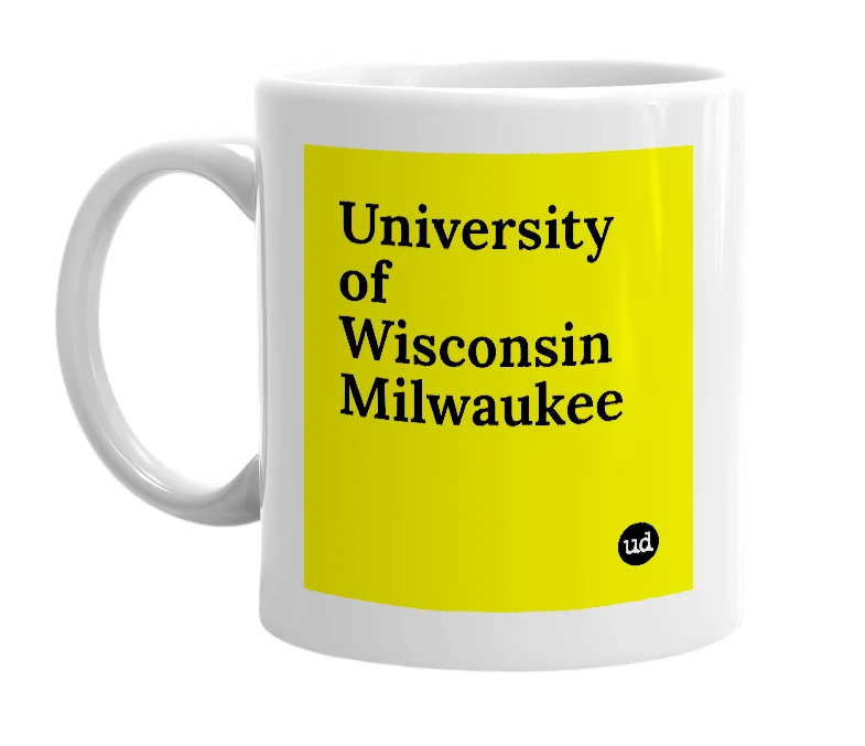 White mug with 'University of Wisconsin Milwaukee' in bold black letters