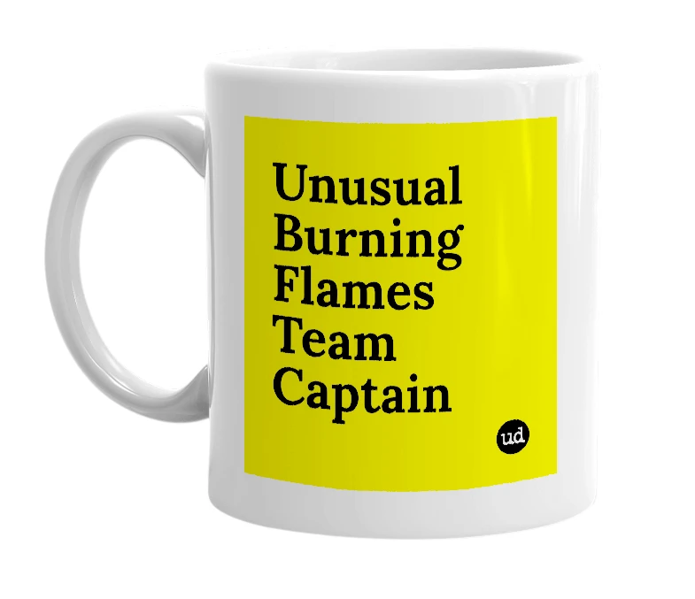 White mug with 'Unusual Burning Flames Team Captain' in bold black letters