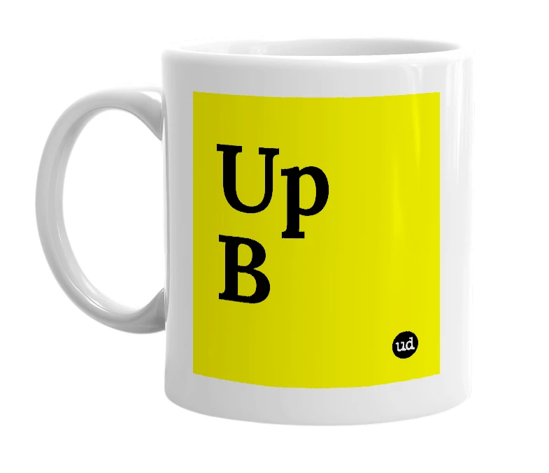 White mug with 'Up B' in bold black letters