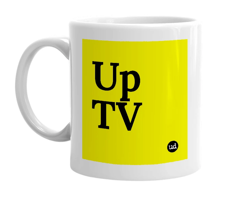 White mug with 'Up TV' in bold black letters