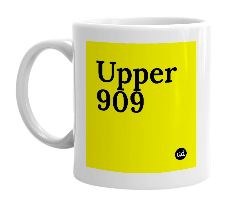 White mug with 'Upper 909' in bold black letters