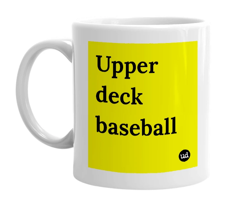 White mug with 'Upper deck baseball' in bold black letters