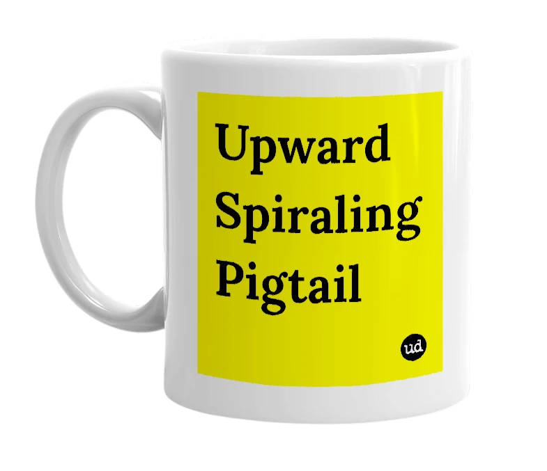 White mug with 'Upward Spiraling Pigtail' in bold black letters
