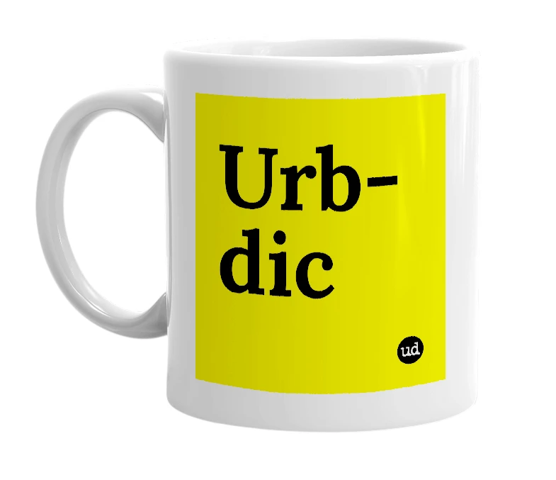 White mug with 'Urb-dic' in bold black letters