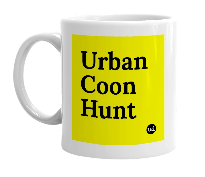 White mug with 'Urban Coon Hunt' in bold black letters