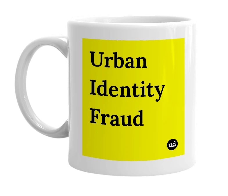 White mug with 'Urban Identity Fraud' in bold black letters