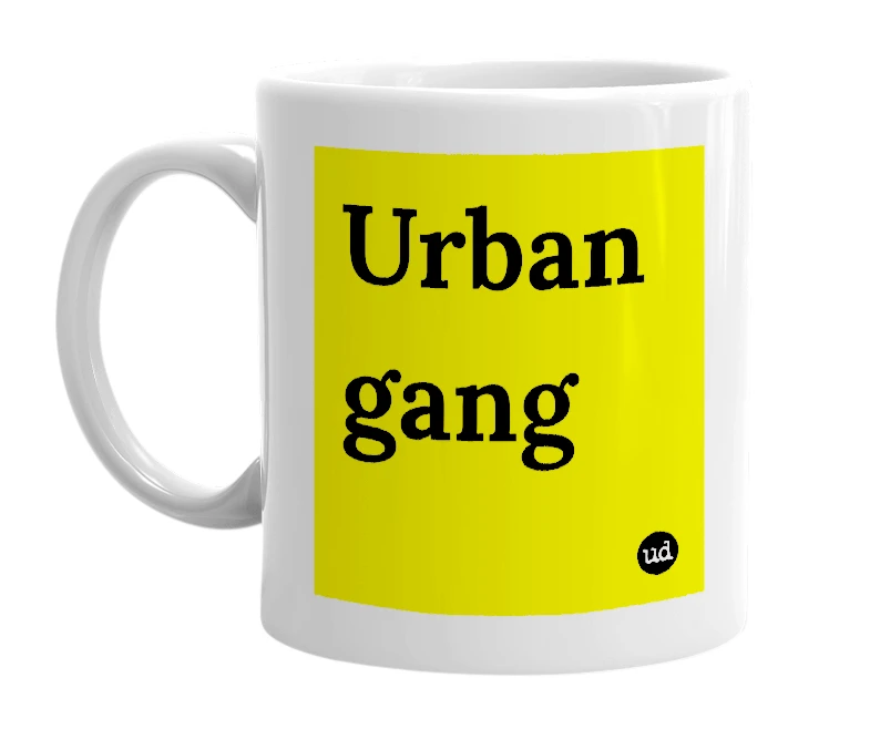 White mug with 'Urban gang' in bold black letters