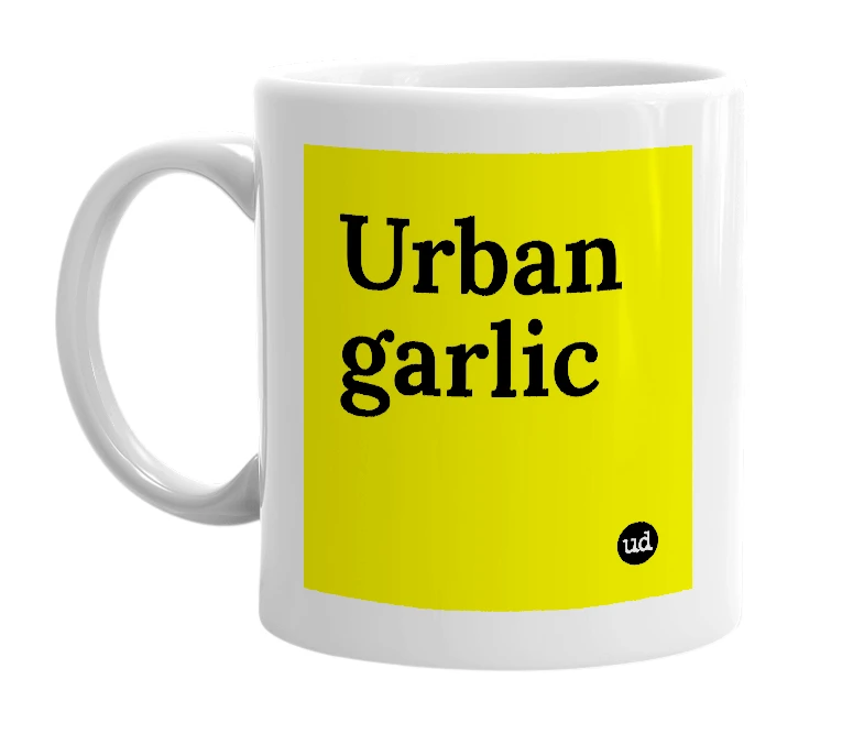 White mug with 'Urban garlic' in bold black letters