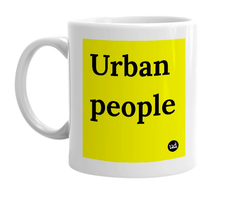 White mug with 'Urban people' in bold black letters