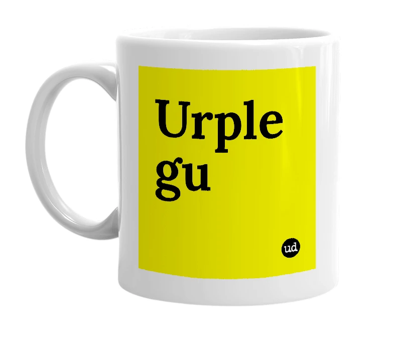 White mug with 'Urple gu' in bold black letters