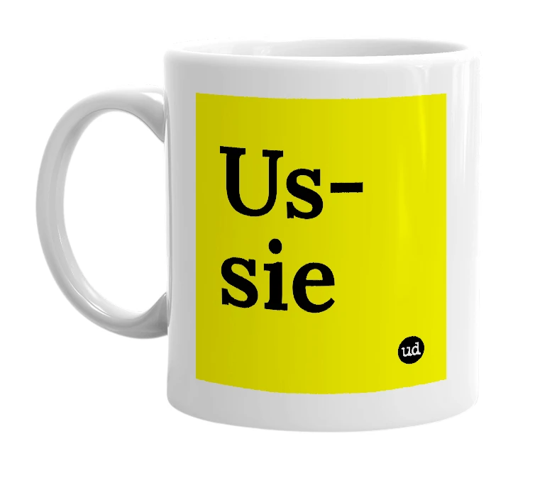 White mug with 'Us-sie' in bold black letters