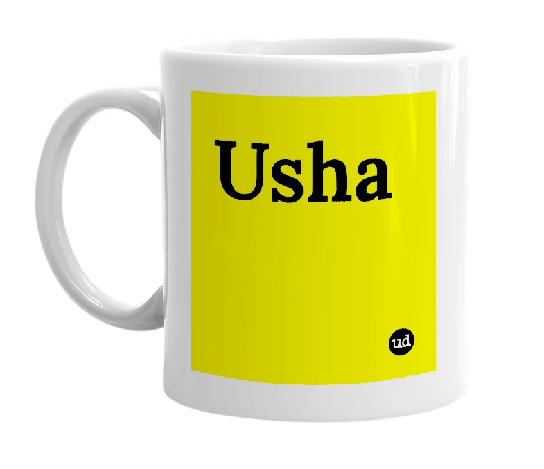 White mug with 'Usha' in bold black letters