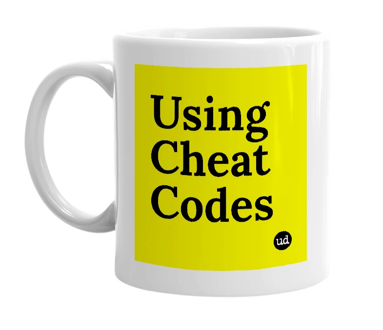 White mug with 'Using Cheat Codes' in bold black letters