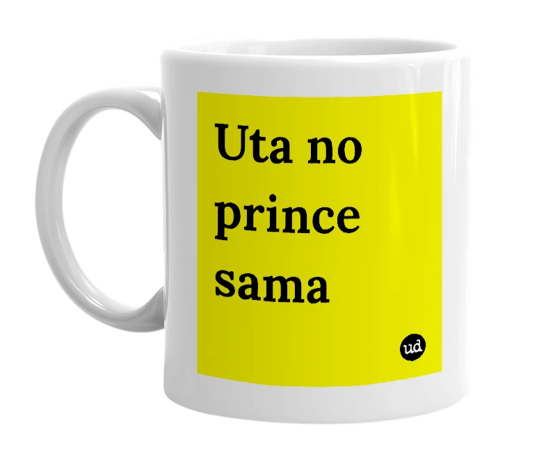 White mug with 'Uta no prince sama' in bold black letters