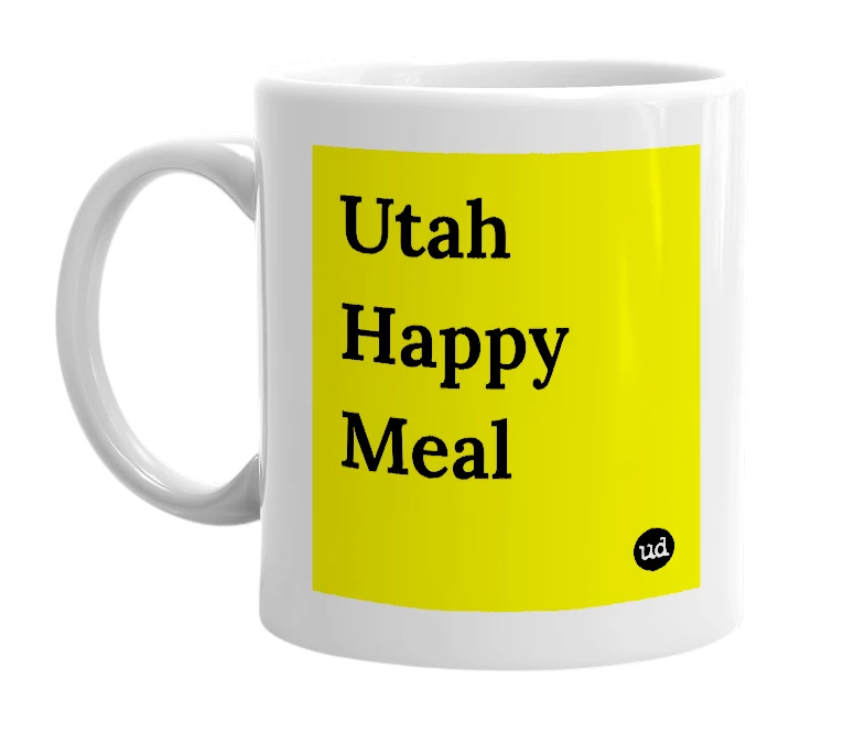 White mug with 'Utah Happy Meal' in bold black letters