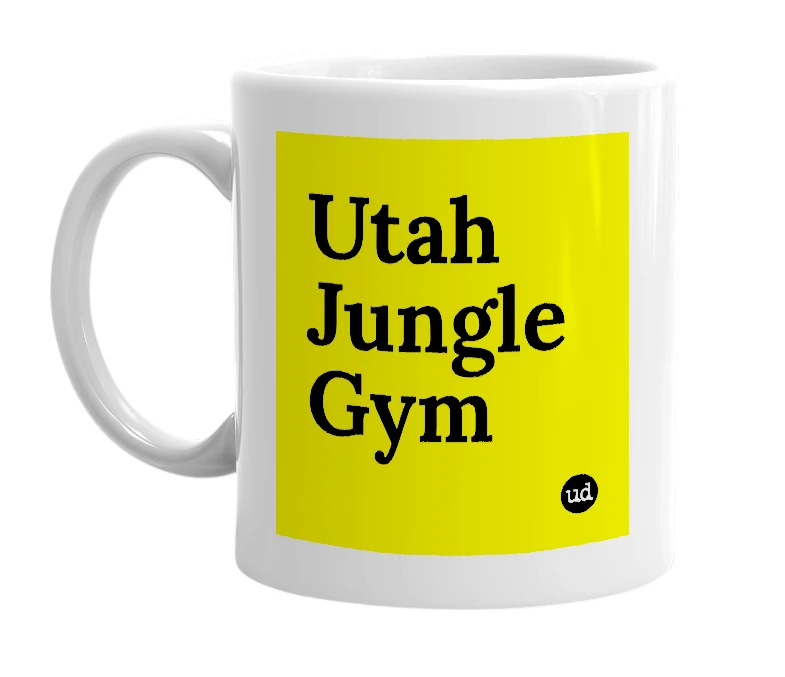 White mug with 'Utah Jungle Gym' in bold black letters