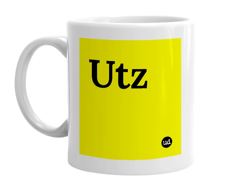 White mug with 'Utz' in bold black letters