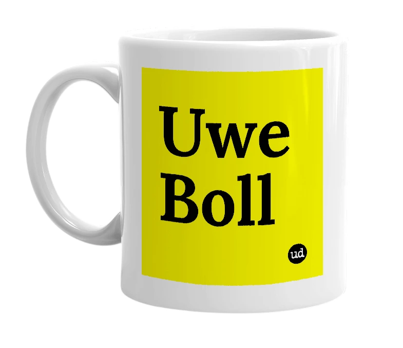 White mug with 'Uwe Boll' in bold black letters
