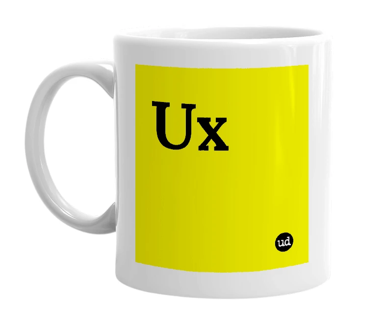 White mug with 'Ux' in bold black letters