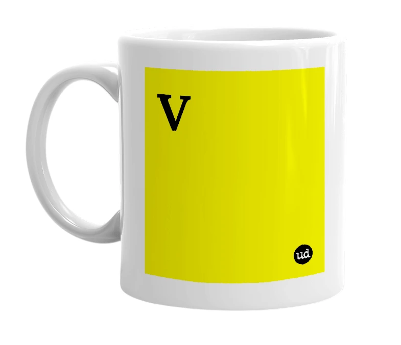 White mug with 'V' in bold black letters