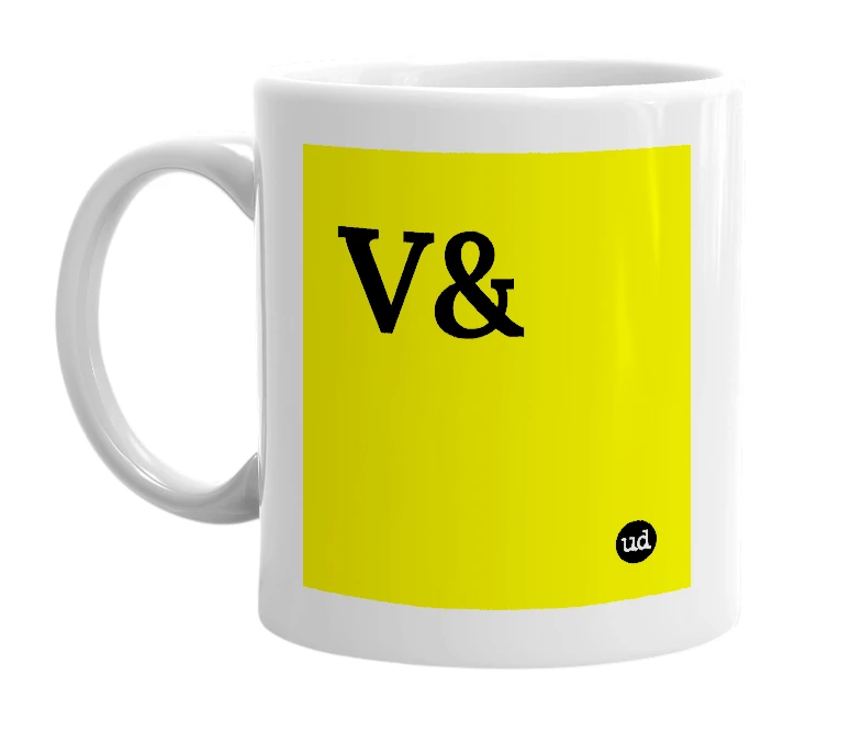 White mug with 'V&' in bold black letters