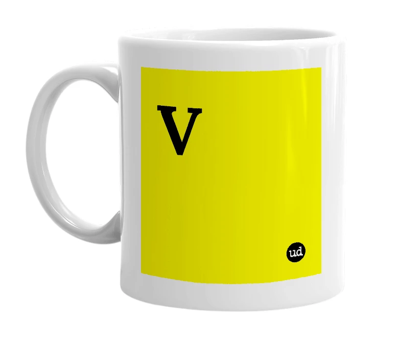 White mug with 'V' in bold black letters