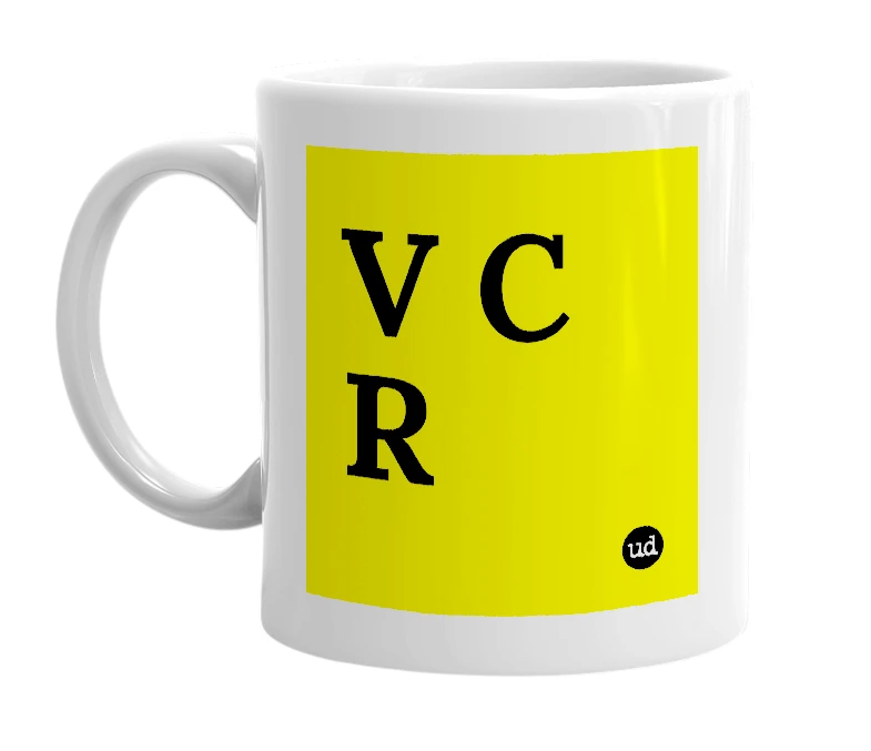 White mug with 'V C R' in bold black letters